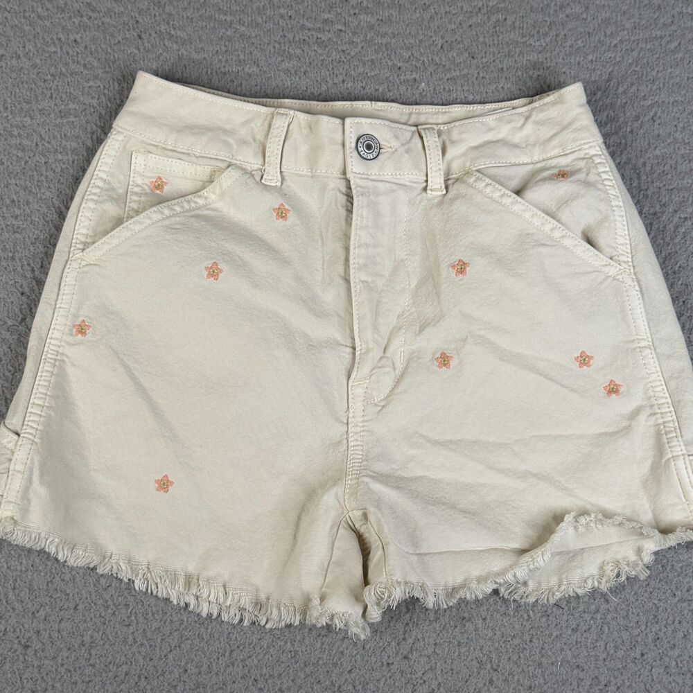 AMERICAN EAGLE Denim Short Women 00 Ivory Pink High Rise Boyfriend Booty Frayed‎